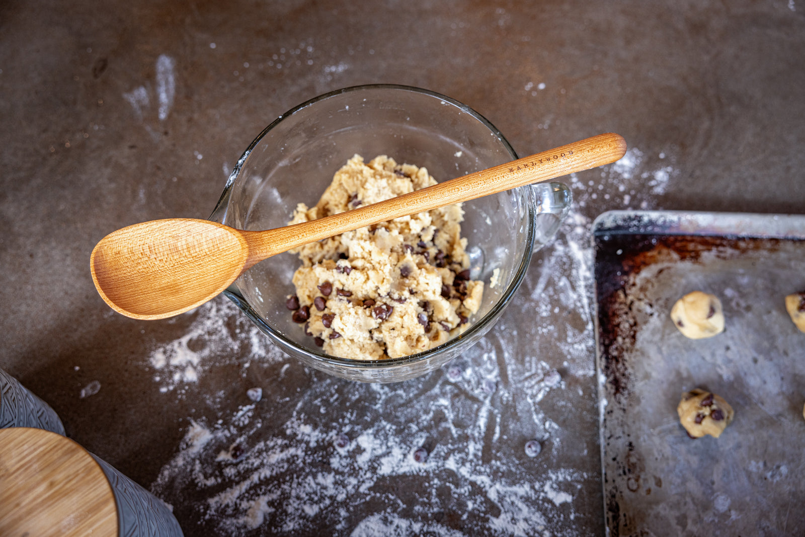 wooden spoon with cookie dough