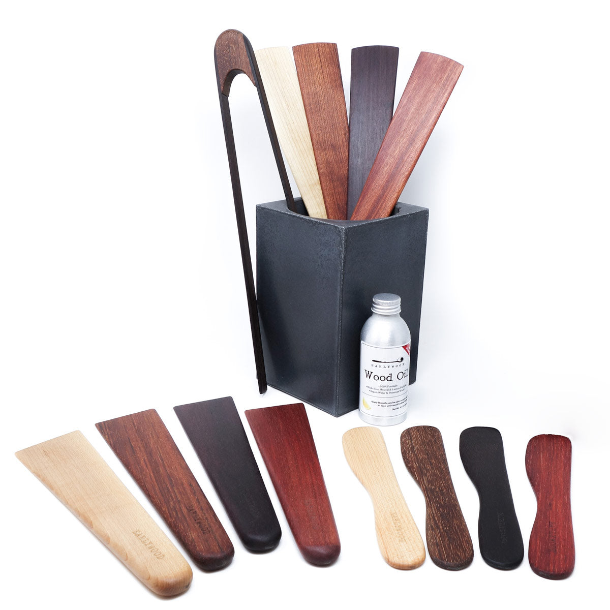 Earlywood utilitarian wooden utensil set with crock