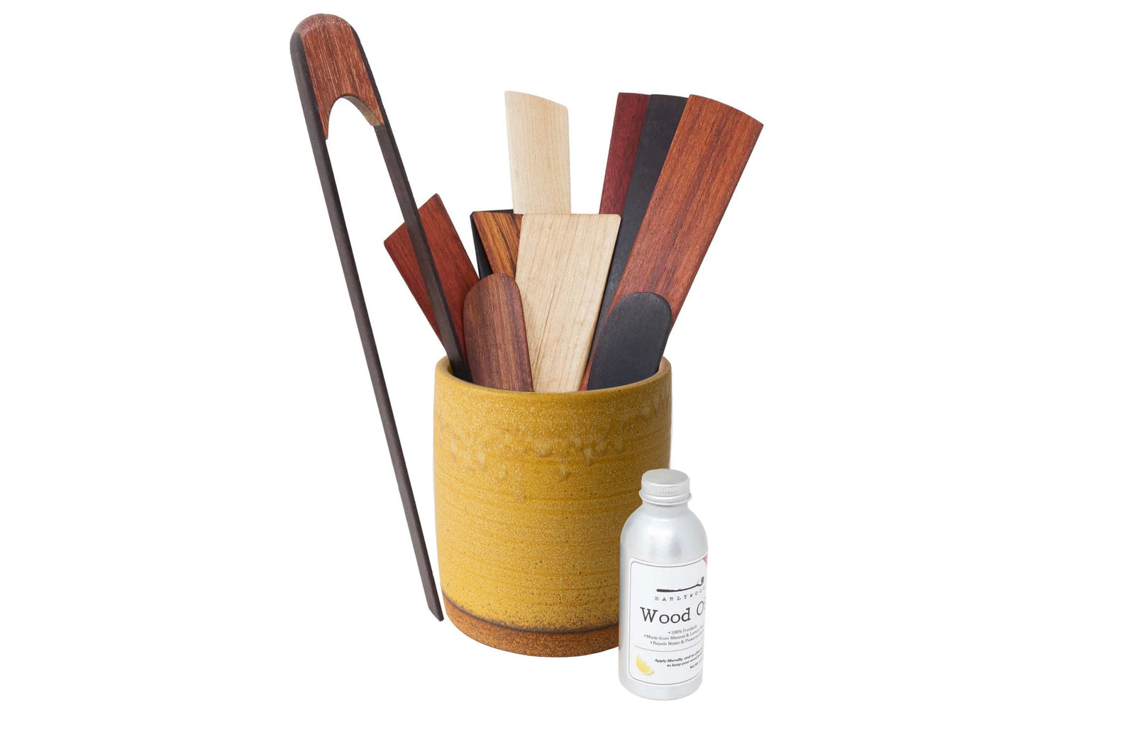 Earlywood utilitarian wooden utensil set with crock
