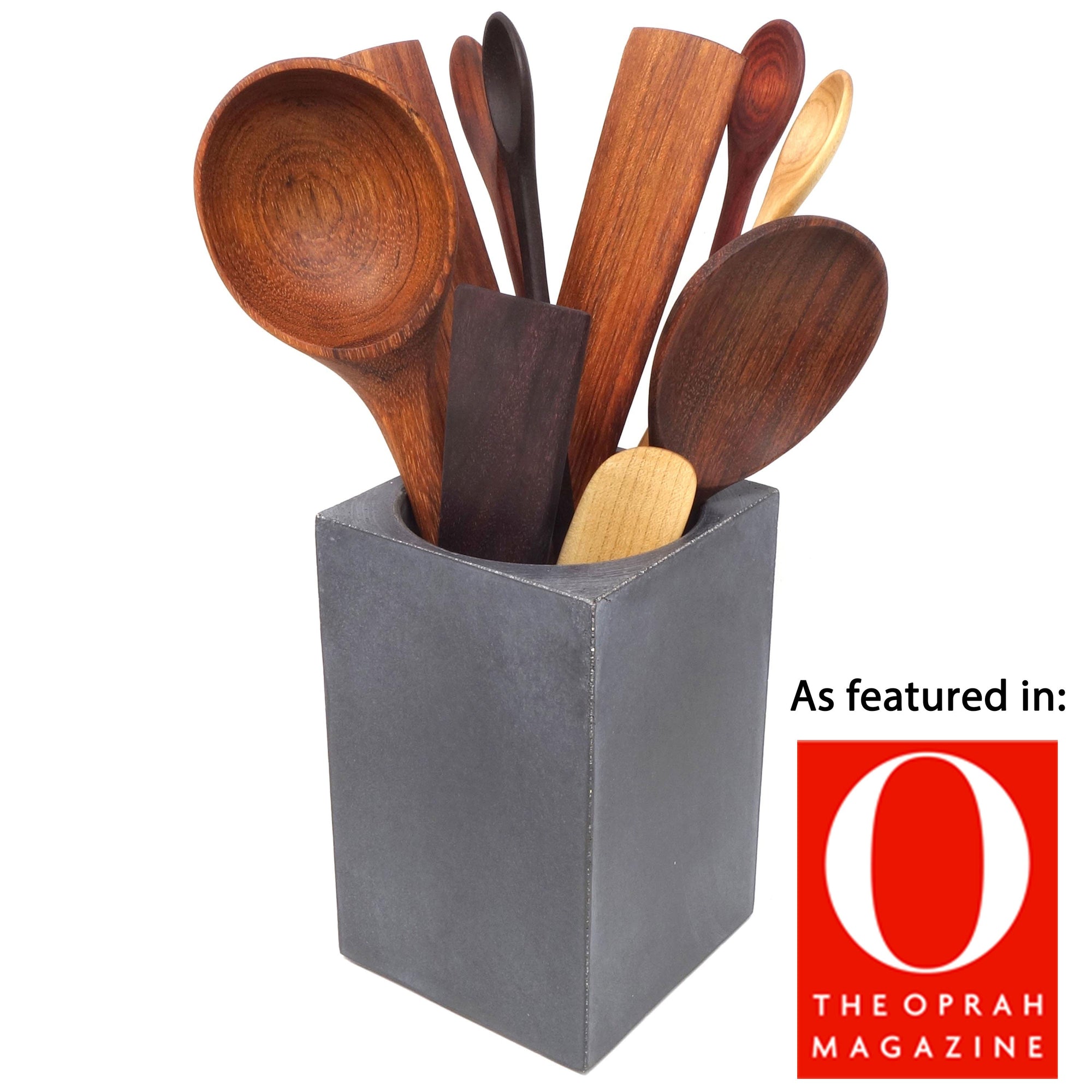 big wooden cooking utensils set and holder - earlywood
