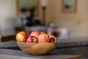 wood fruit bowl in set with apples