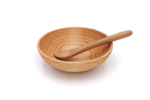 small wood bowl with maple spoon
