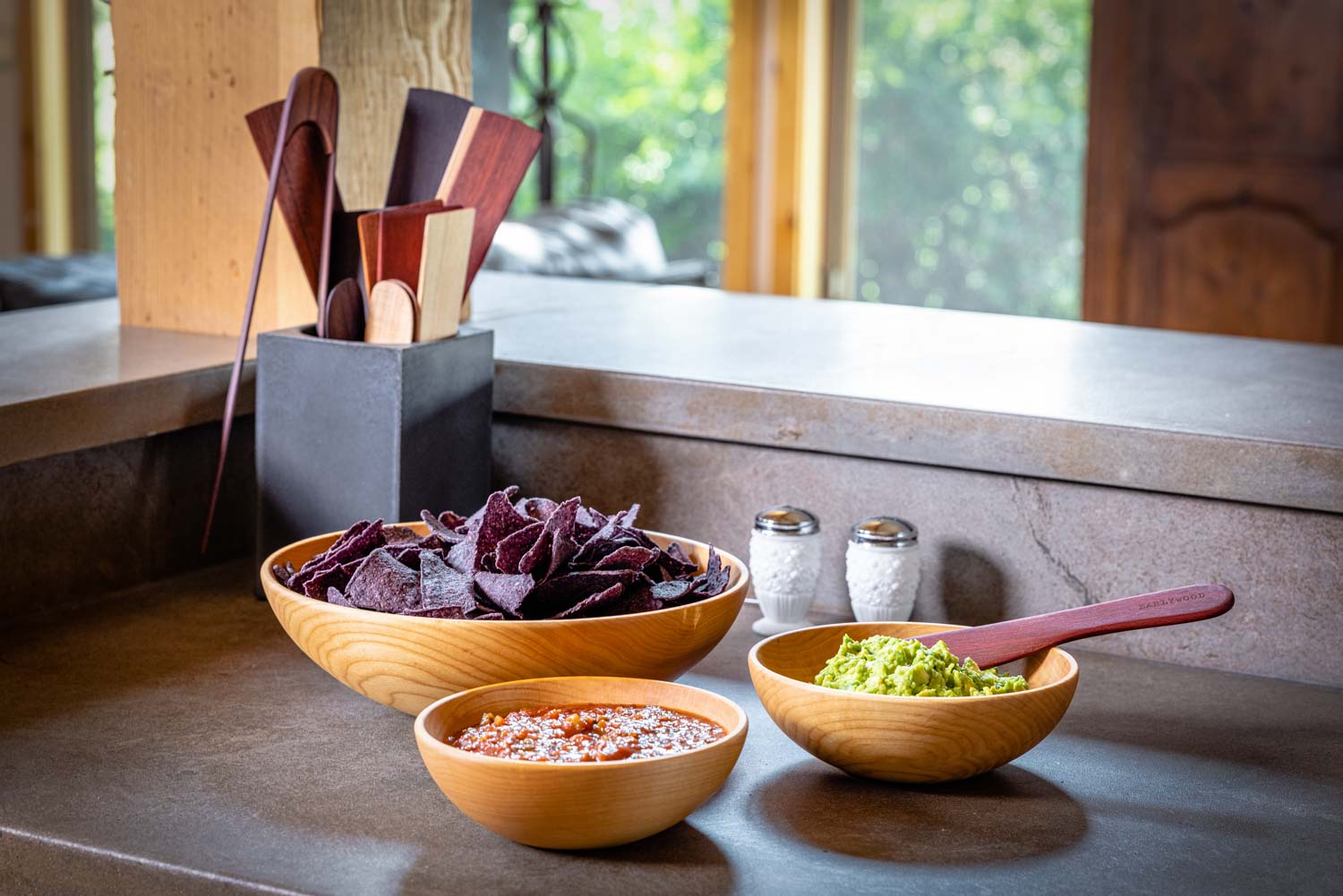 wood bowls with chips and salsa