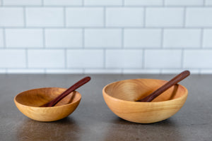 small wood bowls with wooden spoons for kids